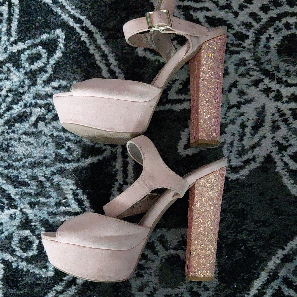Qupid Blush Pink Glitter Platform Heels - Picture 7 of 8